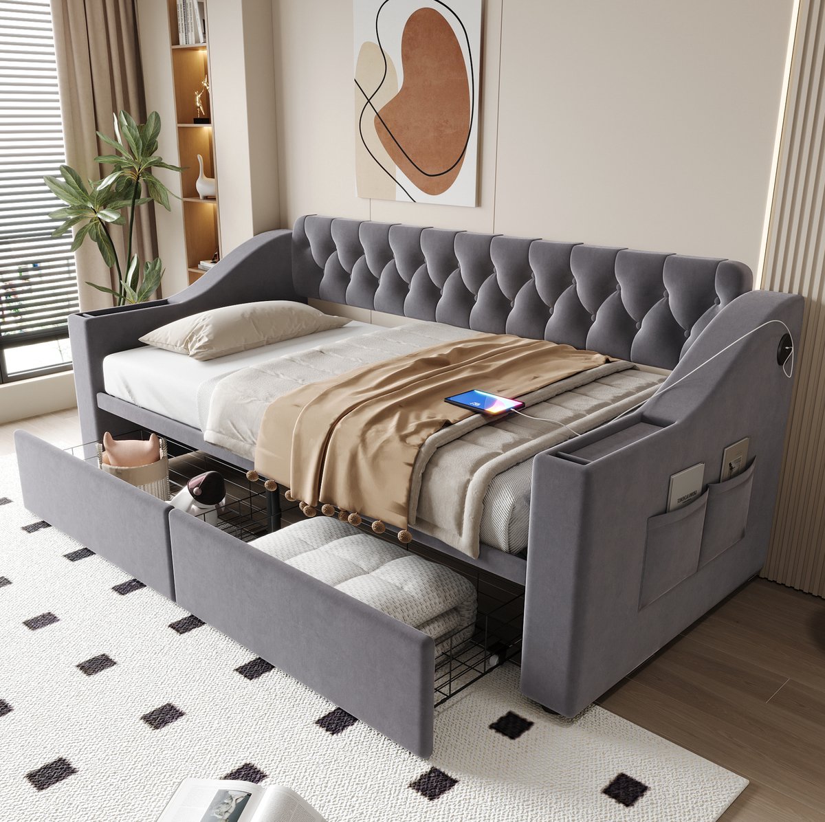 MEUNIQ Slaapbank 90 x 190 cm met 2 opberglades, armleuningen met ingebouwde vakken, zijvakken, USB en Type-C, lattenbodem en metalen frame, Grijs Donkergrijs