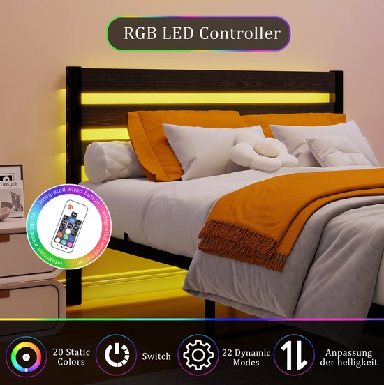 MEUNIQ metalen bedframe 140x200 cm met hoofdbord, USB-laadstation, RGB LED-verlichting, lattenbodem en opbergruimte onder bed, slaapkamer, zwart