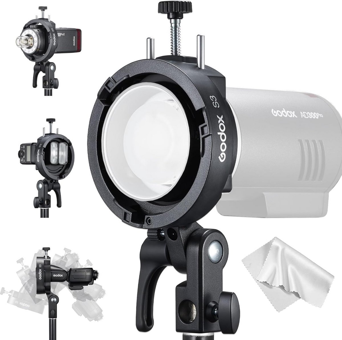 Godox S3 Universele Speedlite Flitserhouder – S2 Upgrade met Verstelbare Klem, 90° Kantelbaar, Bowens Bevestiging & Parapluhouder, voor Godox V1 V100 V860II/III TT350 AD200Pro AD300Pro