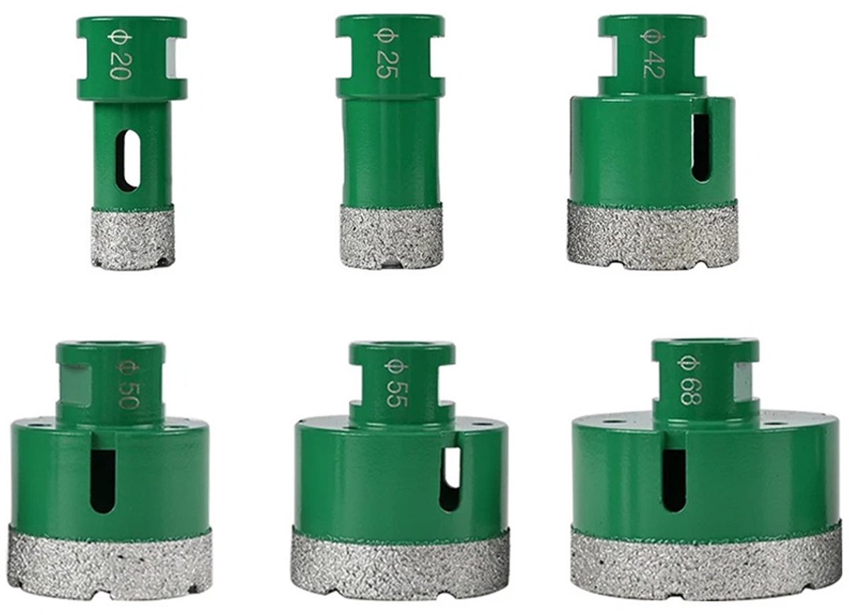 Diamantboorbitset - 6-delige set – M14 – Voor haakse slijpers, voor het boren in tegels - 20 mm + 25 mm + 42 mm + 50 mm + 55 mm + 68 mm - Professionele kwaliteit