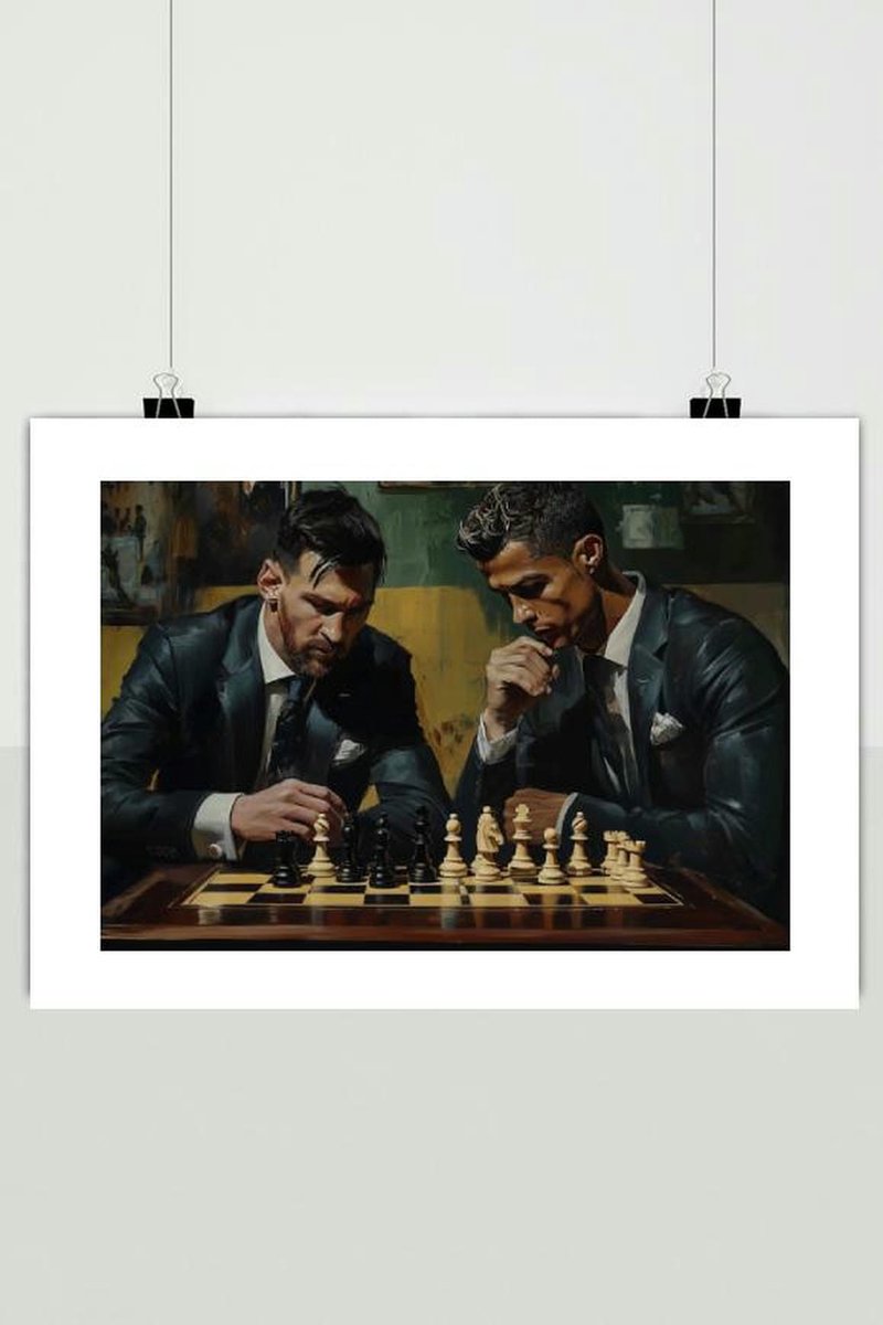 Lionel Messi Poster - Cristiano Ronaldo - Schaak - Voetbal - Legendarische - Sport - Rivaliteit - Aquarel - Beroemdheden - posters - formaat 60x90cm - Wanddecoratie - B4834 - Met Witte Rand - passe-partouts stijl