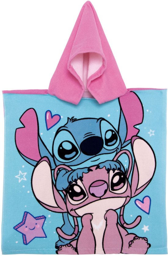 Blauwe poncho met capuchon met Stitch en Angel, hartjes en sterren.