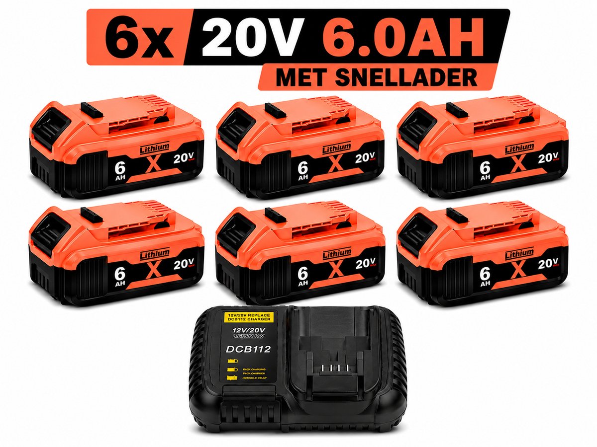 18V Accu Geschikt voor DeWalt XR – 6 Stuks - 6.0Ah 6000mAh Li-Ion Batterij – Extra snellader - Compatibel met DCB180 DCB181 DCB182 DCB183 DCB184 DCB185