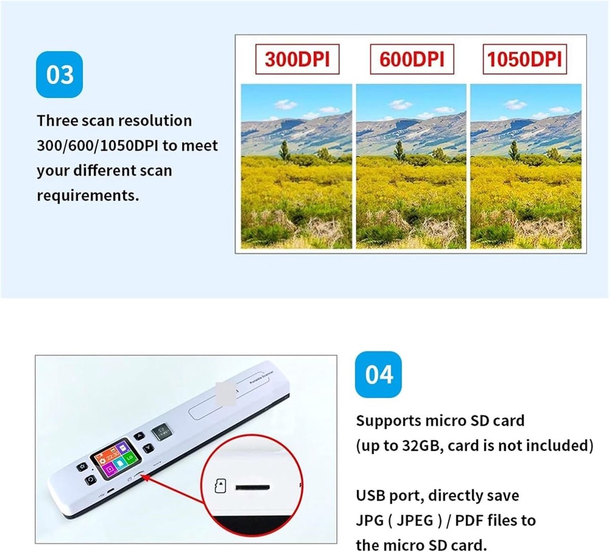 Draagbare Documentenscanner - Mini Scanner Handheld - Documenten Digitaliseren - Hoge Resolutie 1050 DPI - Tot 32GB Kaart - Zwart thumbnail 5