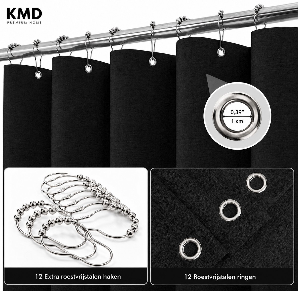 KMD Douchegordijn Linnen Textuur Waterdicht met Metalen Ringen – Anti-schimmel Textiel Badgordijn Zwaar – 182 x 244 cm Zwart