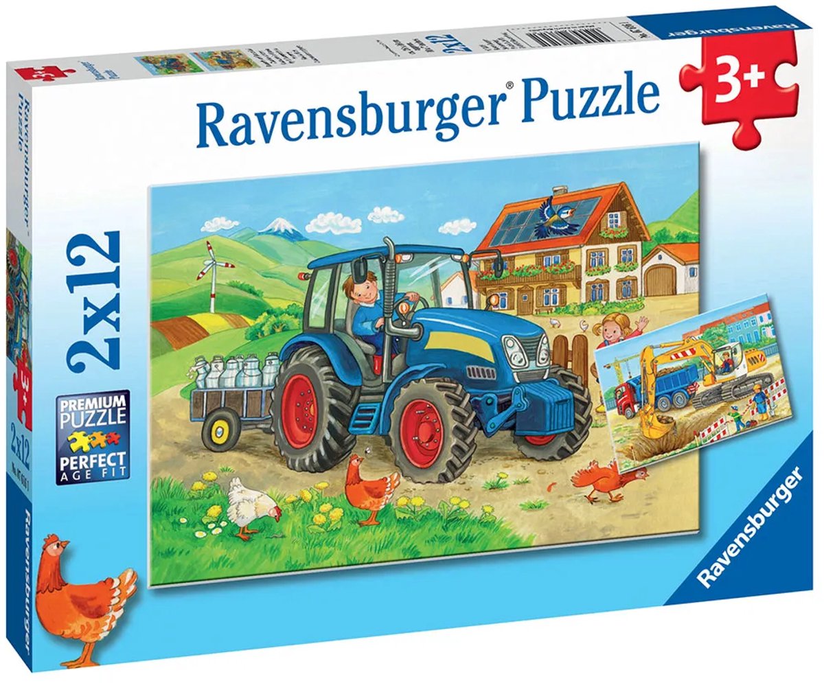 Ravensburger puzzel Op de bouwplaats en boerderij - 2x12 stukjes - kinderpuzzel — afbeelding 4