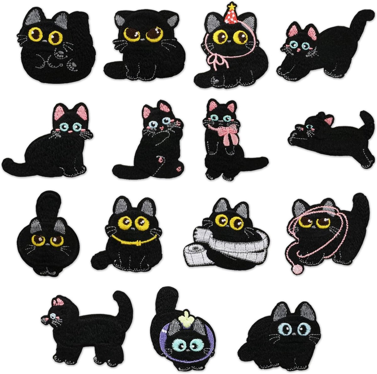 YAGXIG 15-delige strijkpatches - Set met geborduurde patches van een zwarte kat - Geborduurde patches - Hitte-activerende strijkpatches - Geschikt voor kleding - Leuk kattenpatroon - Decoratieve strijkpatches - Zwart