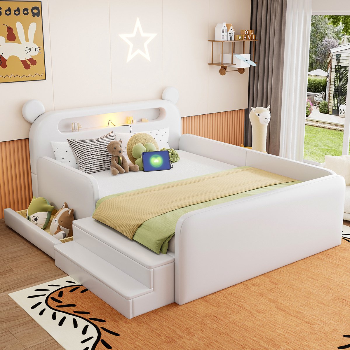 MEUNIQ kinderbed 140 x 200 cm met berenhoofdbord, nachtlampje, USB-aansluiting, opbergruimte, zijpanelen en zittrap voor kinderkamer, wit kunstleer