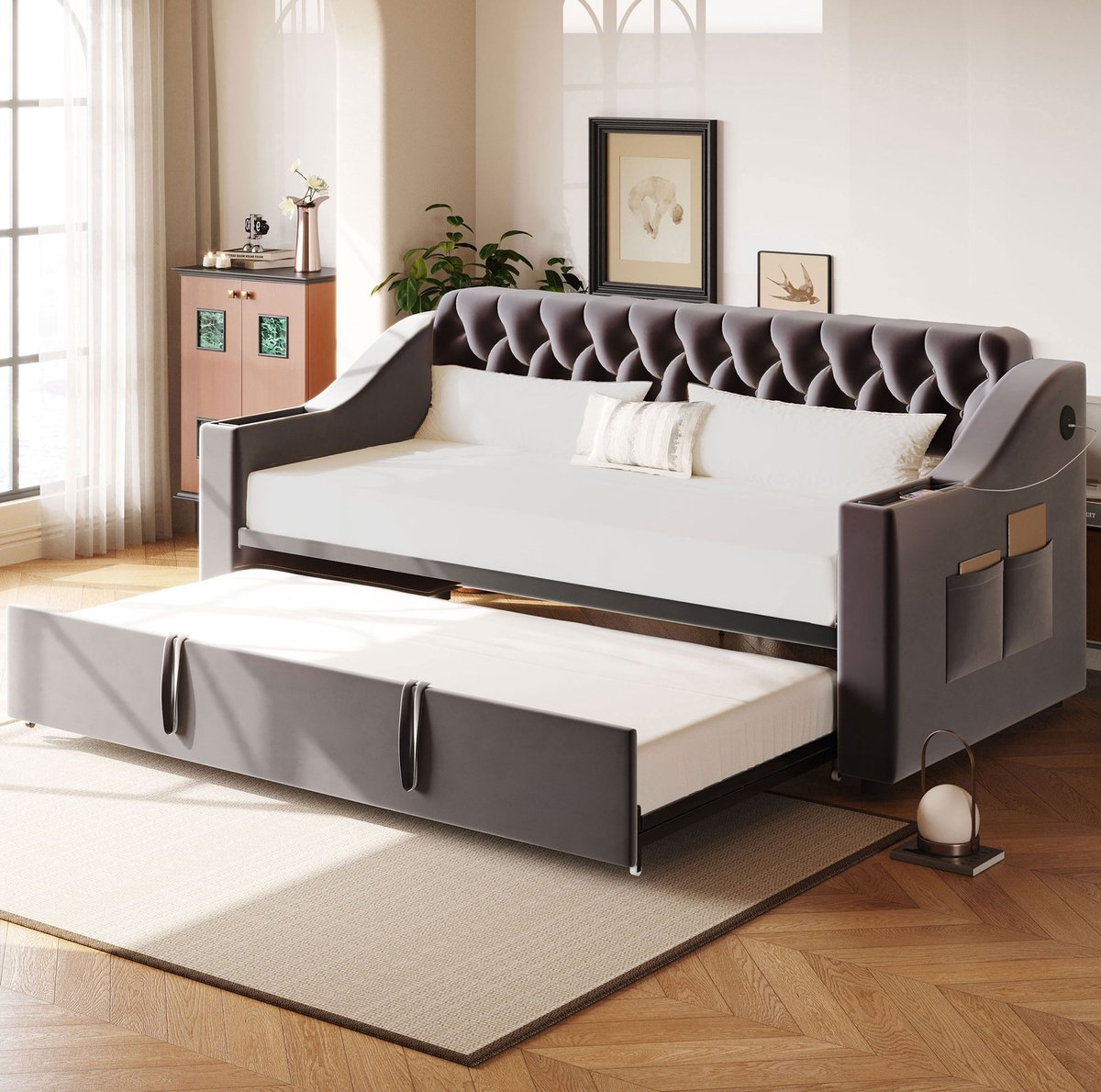 MEUNIQ slaapbank 90/180 x 190 cm met uitschuiffunctie, USB-aansluiting, opbergruimte in armleuningen, zijvakken en lattenbodem voor woonkamer of logeerkamer grijs Donkergrijs