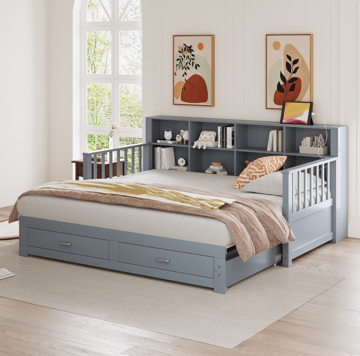 MEUNIQ uitschuifbare slaapbank 90x190/180x190 cm met 2 lades, opbergvakken in rugleuning, stopcontact en lattenbodem, houten bed voor slaapkamer, grijs