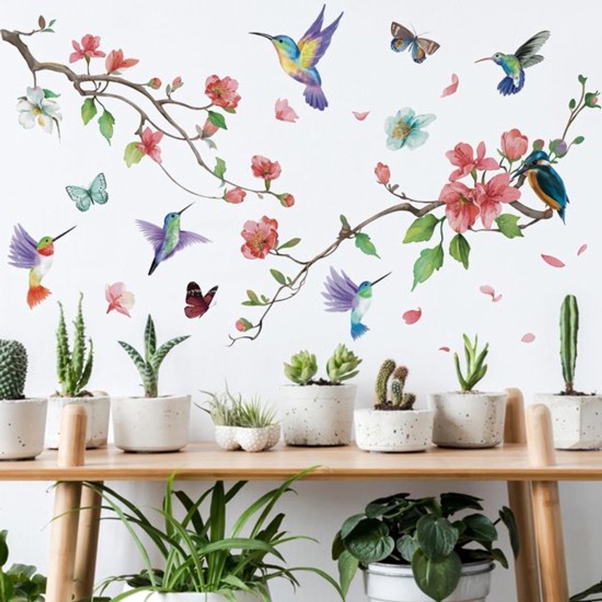 Muursticker - Bloem - Schil en stok - Roze - Boom tak - Woonkamer slaapkamer - Baby kinderkamer - Geschikt voor - Kolibrie