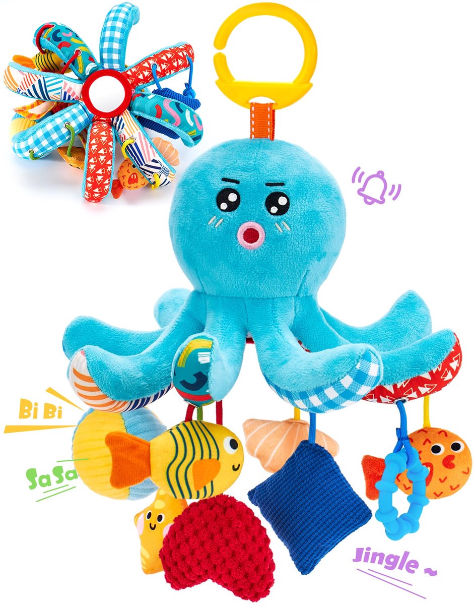 COOAU - Baby Speelgoed 0-6 Maanden - Pluchen Octopus met Treksnoeren - Ophangspeelgoed voor Kinderwagen, Autostoeltje & Baby Gym - Stimuleert Zintuigen met Piep, Knisper, Rammelaar & Spiegeltje - Zacht & Veilig