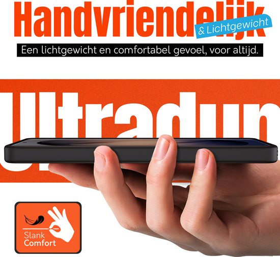 Een dun zwart telefoonhoesje, comfortabel en lichtgewicht in de hand.