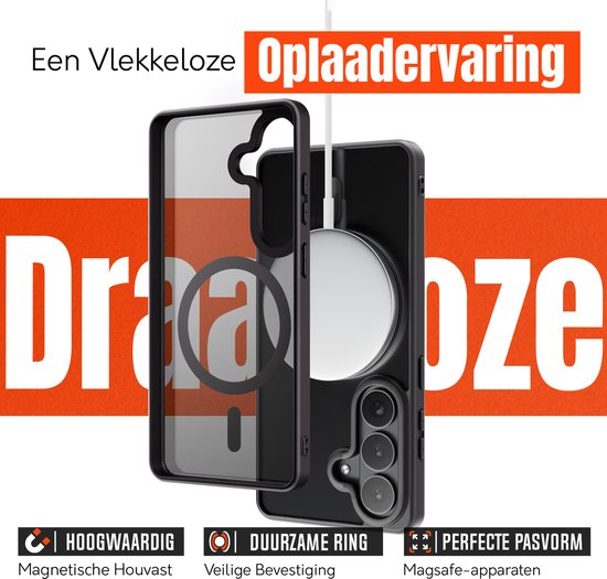 Zwart telefoonhoesje met een witte magnetische cirkel, met een kabel die wordt opgeladen. Tekst: "Draadloze Oplaadervaring", "Hoogwaardig", "Duurzame Ring", "Perfecte Pasvorm".