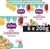 Voordeelverpakking van 6 x 200g Alfèz parelcouscous. Met afbeeldingen van losse couscous, granaatappel, vegan logo en een bereide maaltijd.