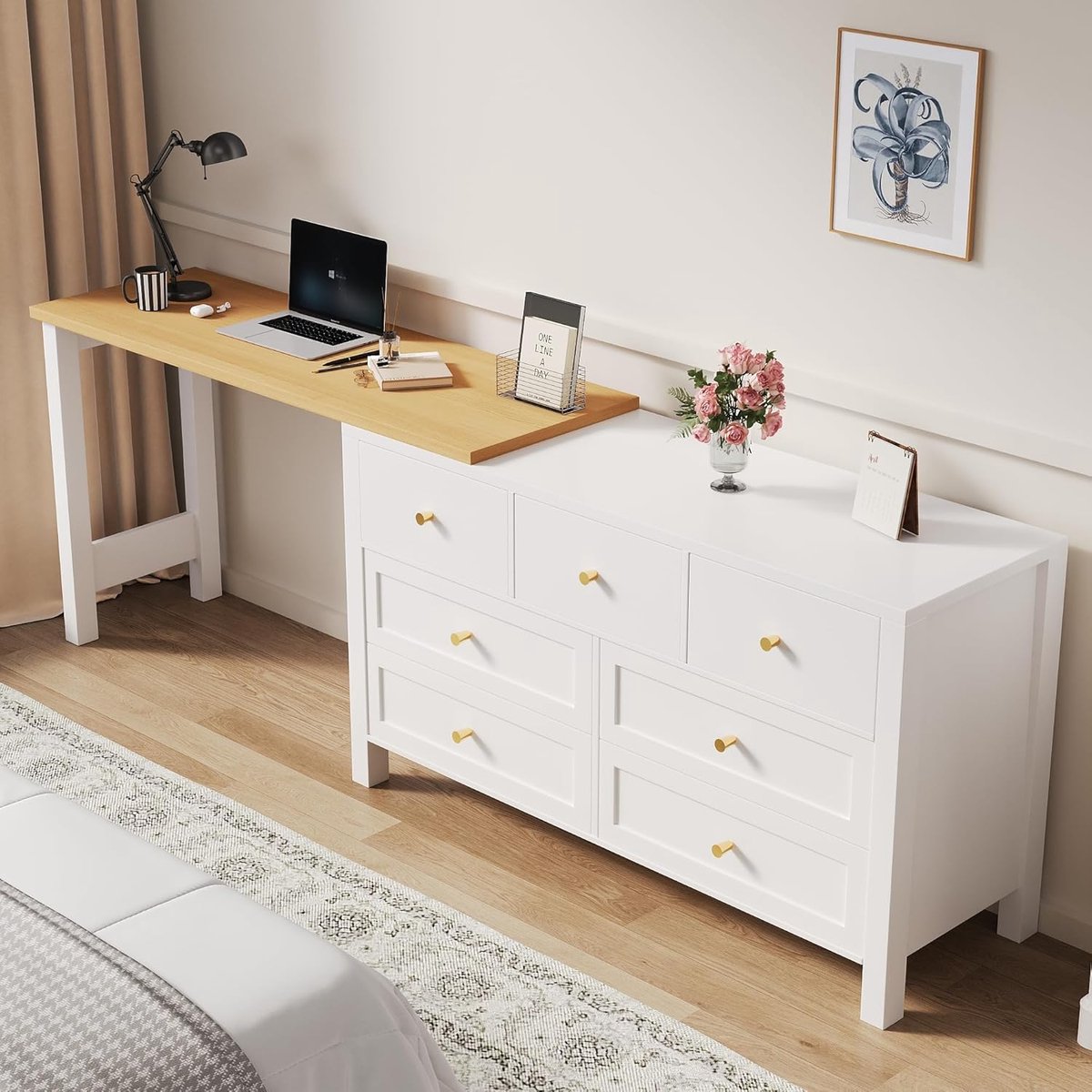 Bureau Dressoir - Werktafel Combinatie - Flexibel Werken - 360 Graden Draaibaar - 120x40x74.5cm - Wit