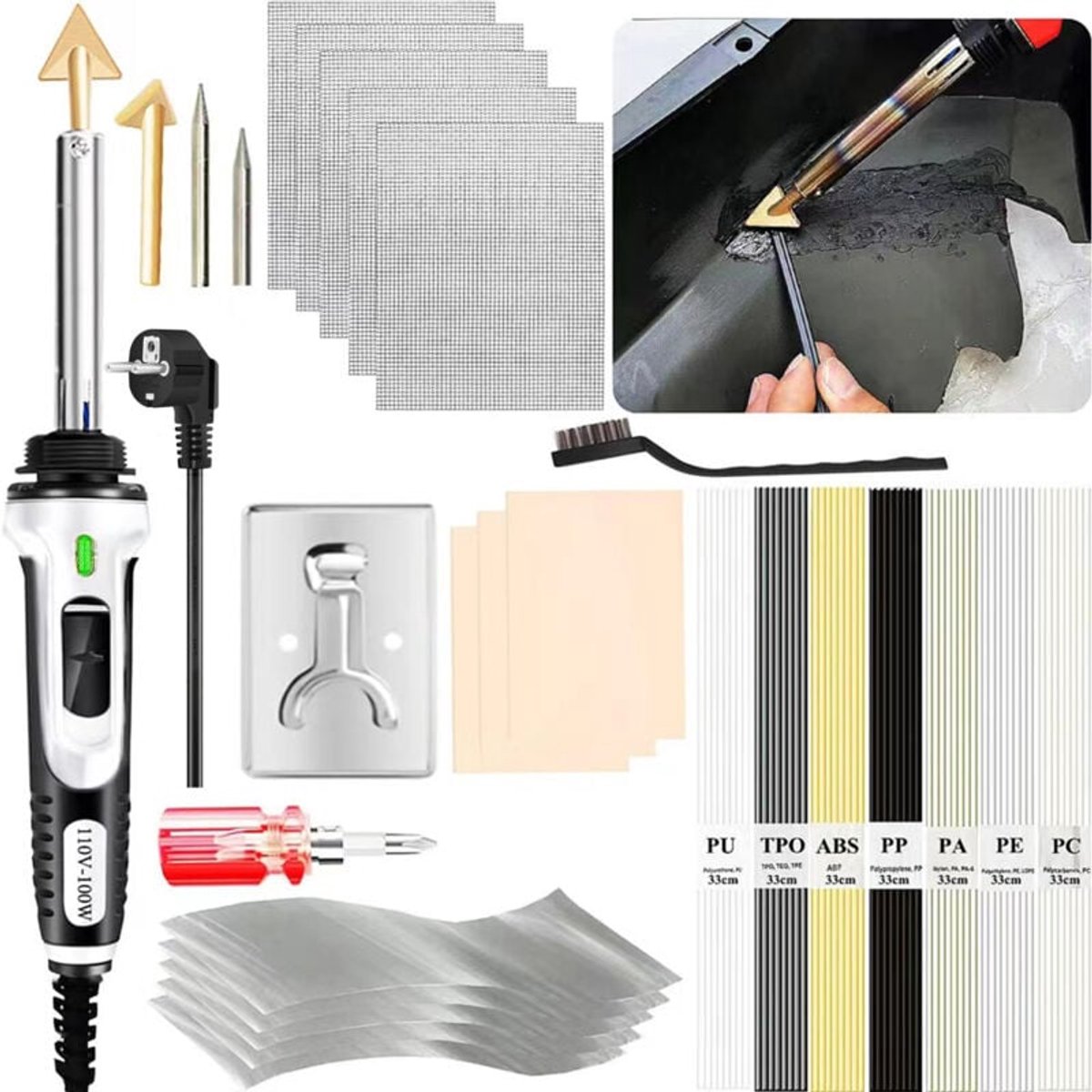 YAGXIG Autobumperreparatie - 100W kunststof soldeerbout - Inclusief soldeerpunt en 56 soldeerstaven - Soldeerbout met drie snelheden en temperatuurregeling - Professioneel reparatiegereedschap voor autobumpers, dashboards en kajakoppervlakken.