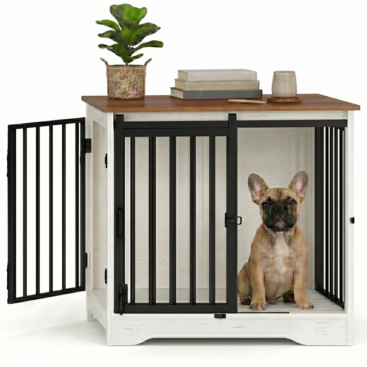 Aiverig® Hondenbench Hout Meubel – met Schuifdeur & Zijdeur – Hondenhok voor Binnen & Hondenkooi – Krasvrije Poten & Anti-knaag Sloten – Voor Kleine tot Middelgrote Honden – Wit Bruin – 69×49×65 CM