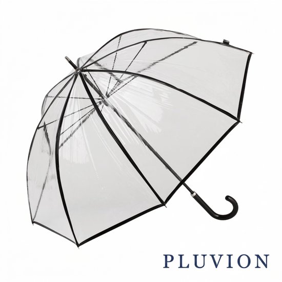 Un parapluie dôme transparent avec bordure, baleines et poignée courbée noirs, isolé sur fond blanc.