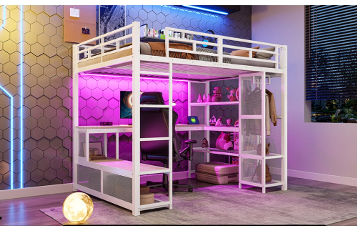 Zubaliya Loft Bed 140x200 - Metalen Hoogslaper Met Bureau En Opbergplanken - Bed Met USB Poort LED En Kledingrek Wit