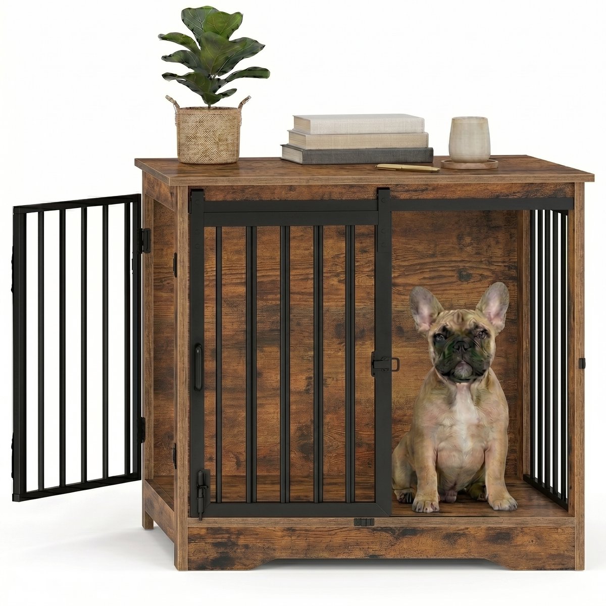 Aiverig® Hondenbench Hout Meubel – met Schuifdeur & Zijdeur – Hondenhok voor Binnen & Hondenkooi – Krasvrije Poten & Anti-knaag Sloten – Voor Kleine tot Middelgrote Honden – Vintage Bruin – 69×49×65 CM