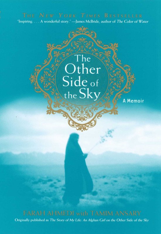 Boekcover met een gestileerde figuur in een boerka op een turquoise achtergrond. Titel: The Other Side of the Sky.