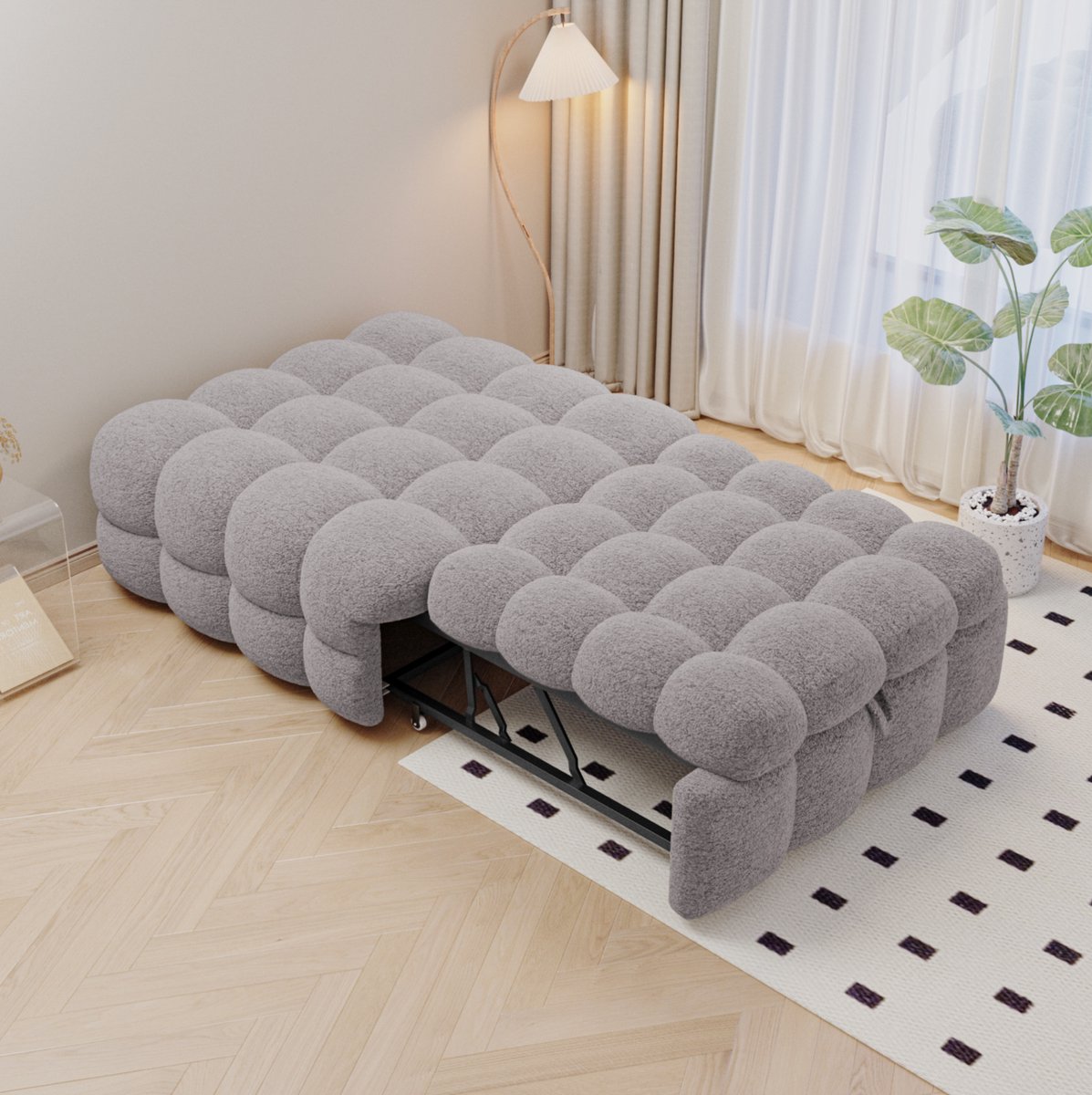 MEUNIQ slaapbank 183 x 76 cm eenpersoons, 2-in-1 uitklapbaar logeerbed en poefbed, teddy-stof met metalen frame, voor woonkamer of slaapkamer, grijs