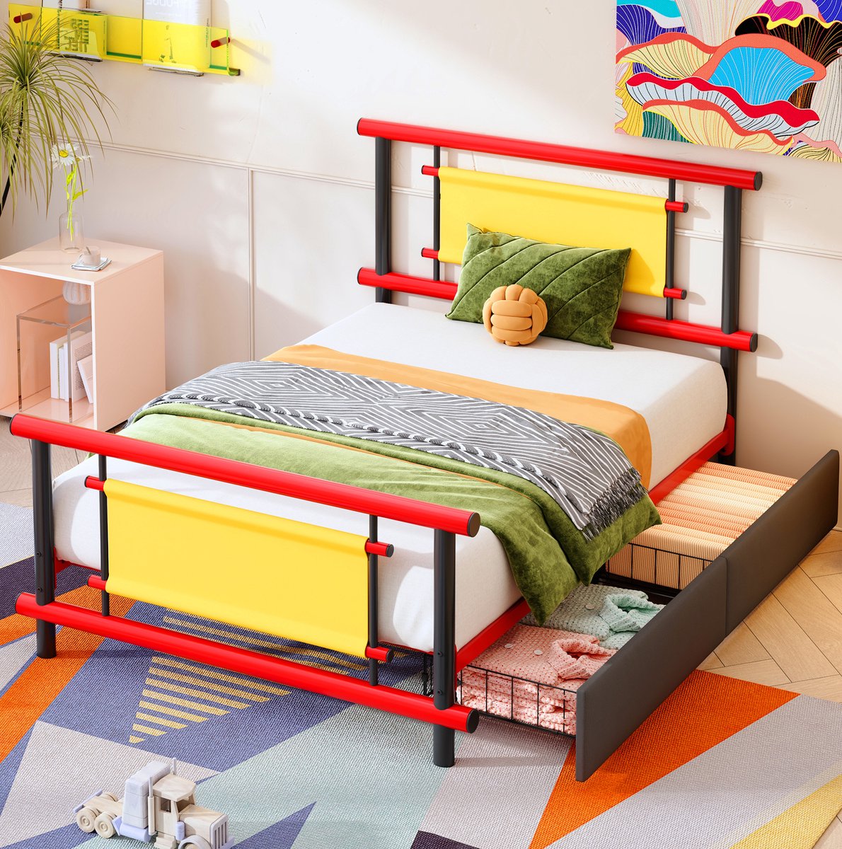MEUNIQ metalen kinderbed 90x200 cm met lades, eenpersoons bedframe van metaal, geschikt voor matras 90x200, voor kinderkamer, rood