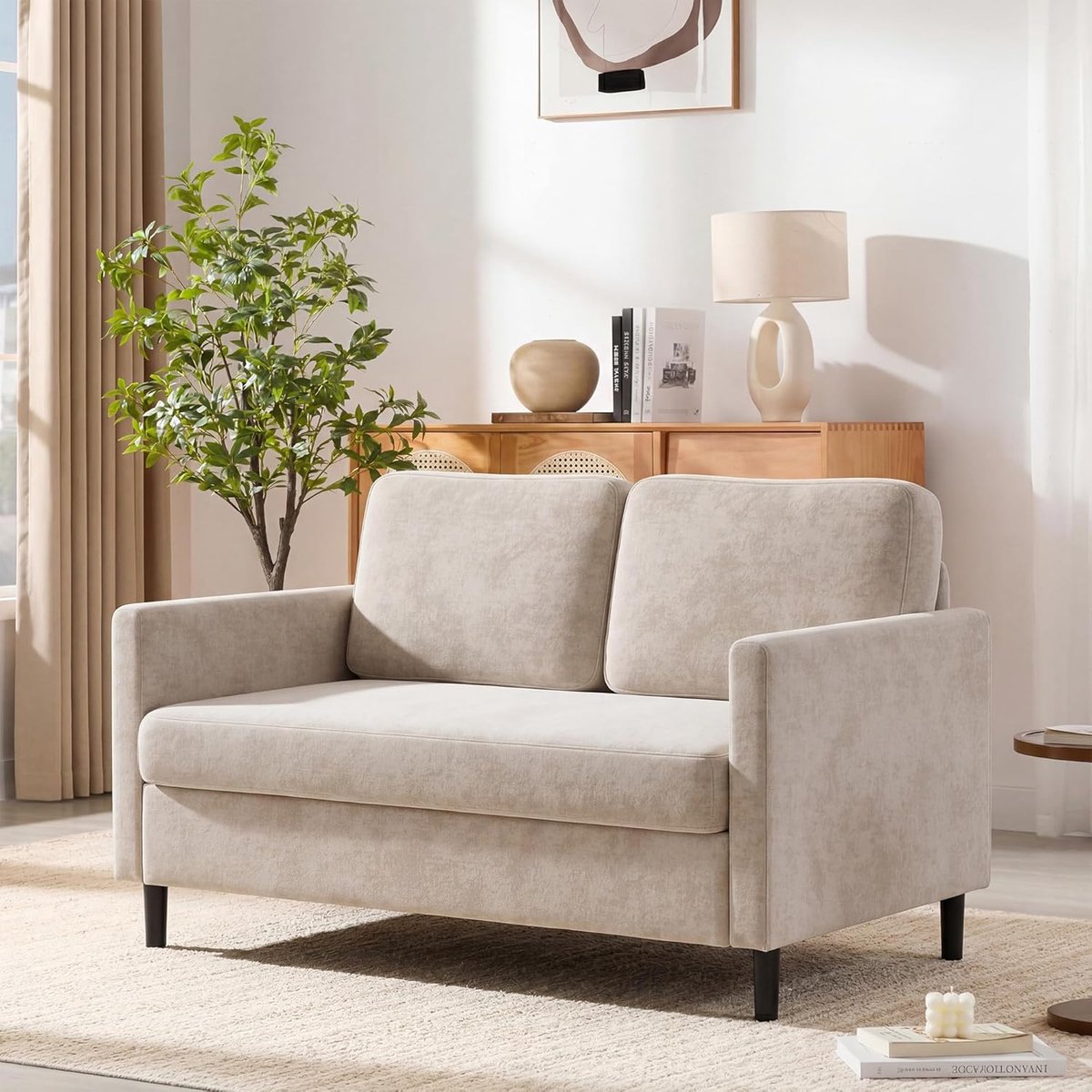 51" loveseat-bank – Ademende, gezellige loveseat-bank van imitatielinnen met 2 zitplaatsen – met brede rugleuning en gewatteerde zittingen – Moderne bank om samen te ontspannen – Montage zonder gereedschap – Beige