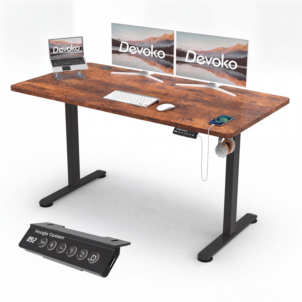 Devoko Zit-Sta Bureau 140x60 cm - Elektrisch Verstelbaar Bureau - Digitaal Display - Zit-Alarm - 2 Geheugenstanden - Bruin