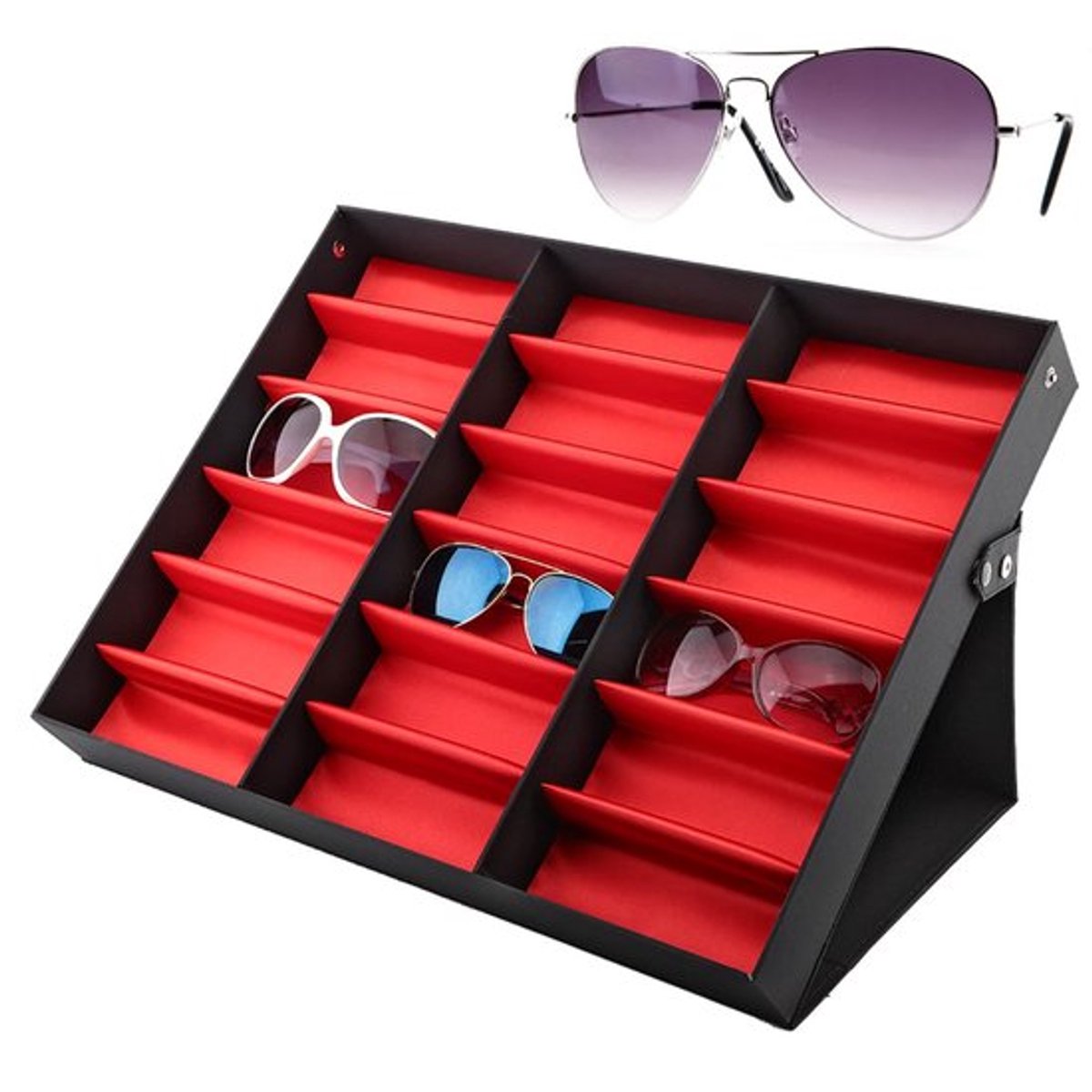 Dailygoods- Zonnebrilhouder 18 vakken - Opbergdoos met deksel - Displaybox