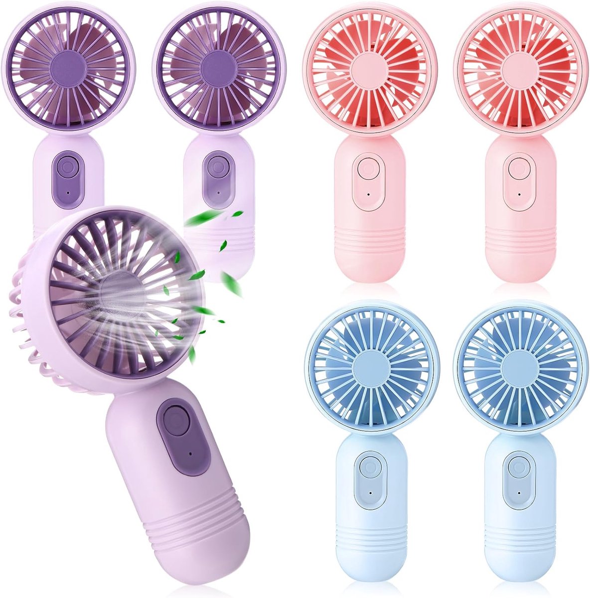 Set van 7 mini draagbare ventilatoren, schattig en lichtgewicht, compact en draagbaar, 3 windsnelheden, USB oplaadbaar, unisex, geschikt voor make-up binnen en buiten en op reis (blauw, roze, paars).