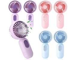 Set van 7 mini draagbare ventilatoren, schattig en lichtgewicht, compact en draagbaar, 3 windsnelheden, USB oplaadbaar, unisex, geschikt voor make-up binnen en buiten en op reis (blauw, roze, paars).