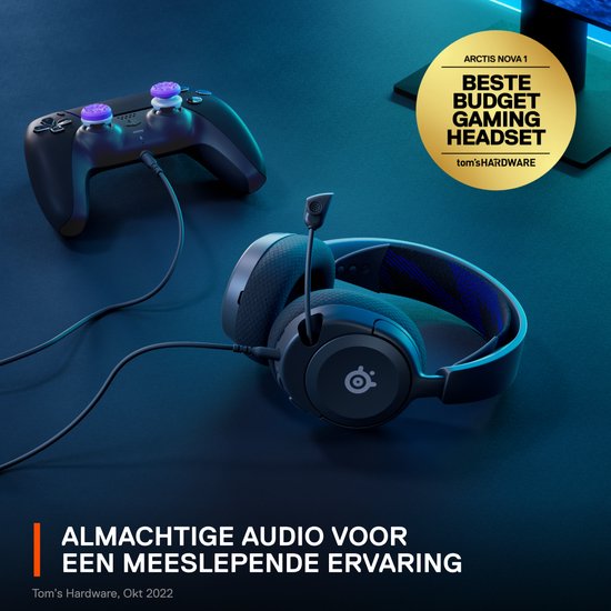 Zwarte gaming headset en een paarse controller op een donkerblauwe achtergrond. "Almachtige audio" tekst.