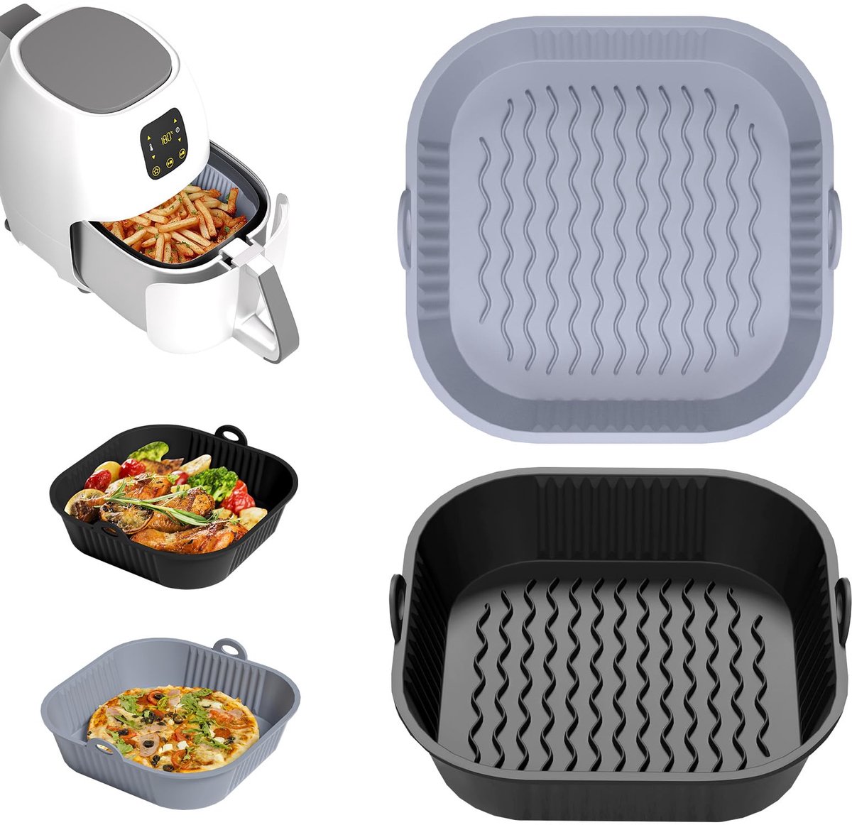 Siliconen Airfryer Bakvorm Set - 2 Stuks - 21 cm - Geschikt voor 5-8L Airfryer - Herbruikbare Siliconen Inzet - Voor Airfryer, Oven & Magnetron - Grijs/Zwart
