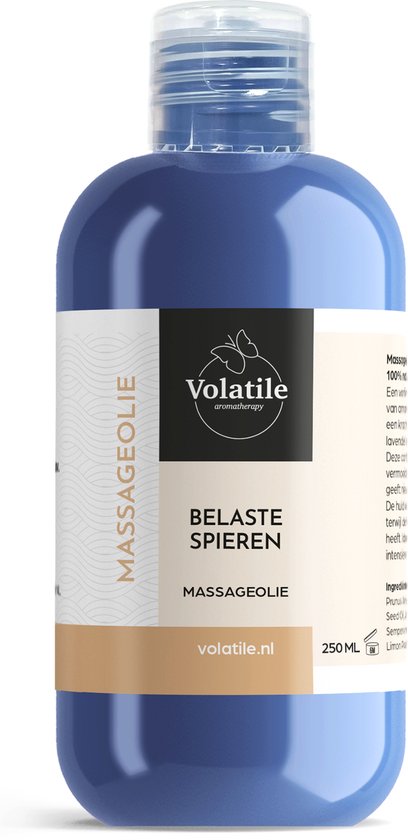 Blauwe fles Volatile massageolie 'Belaste spieren' met een goudkleurige band en label.