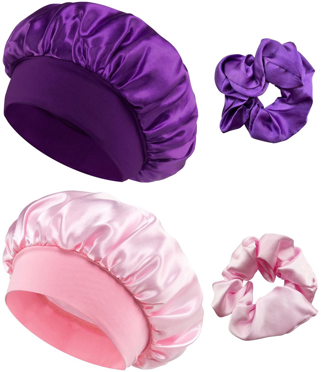Satijnen Slaapmuts Set - 2 Stuks - Verstelbare Slaap Bonnet - Zacht & Comfortabel - Roze & Paars - Voor Dames & Meisjes