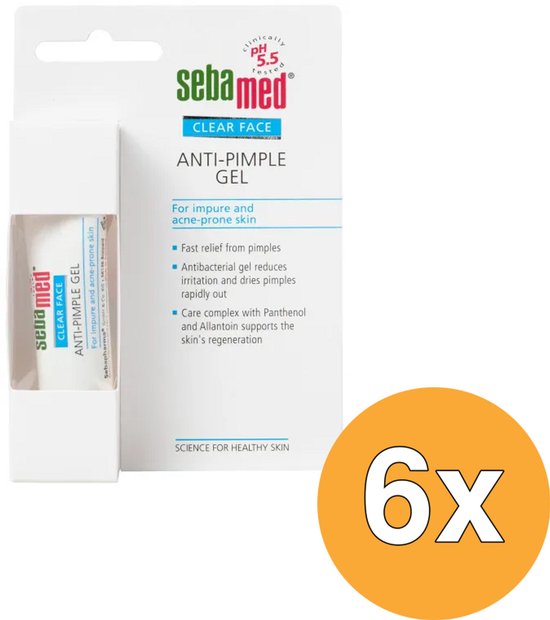 Verpakking met 6x Sebamed Anti-Pimple Gel. De tube bevat een heldere gel.