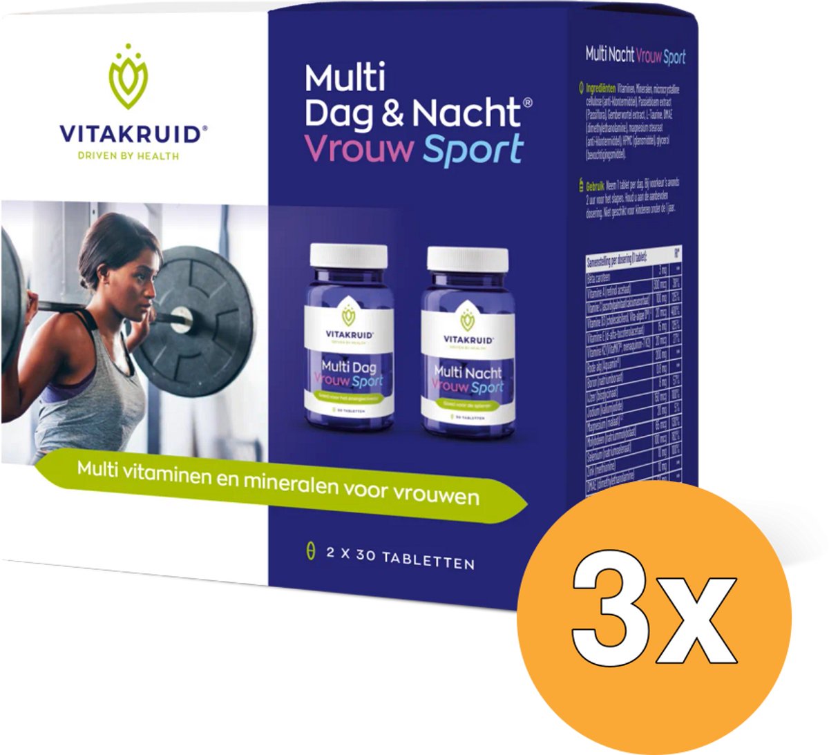 3x Vitakruid Multi Dag & Nacht Vrouw Sport 100% Vegan (2 x 30 tabletten)