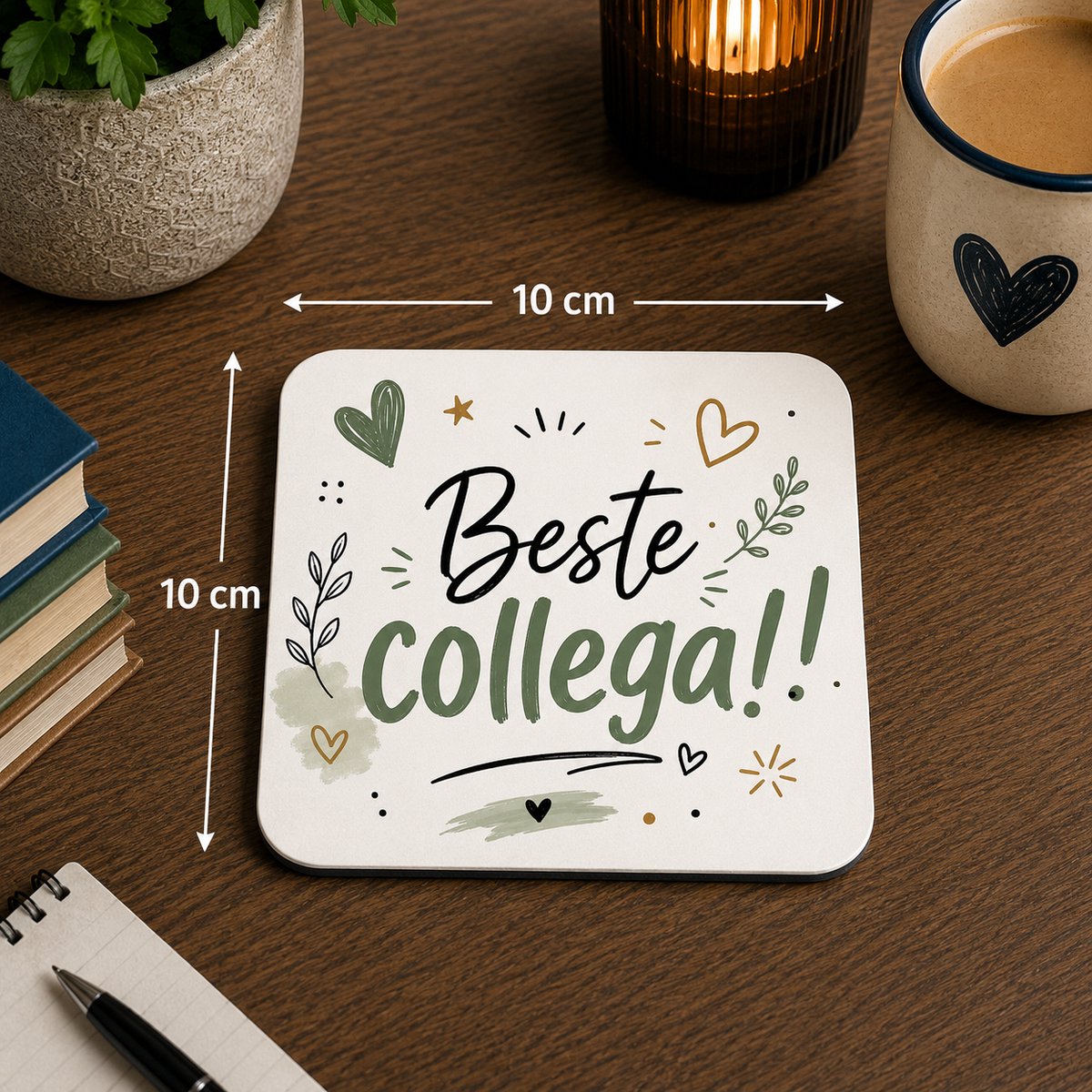 Onderzetter Beste Collega – 10 x 10 cm – Vierkante Onderzetter met Tekst – Cadeau voor Collega