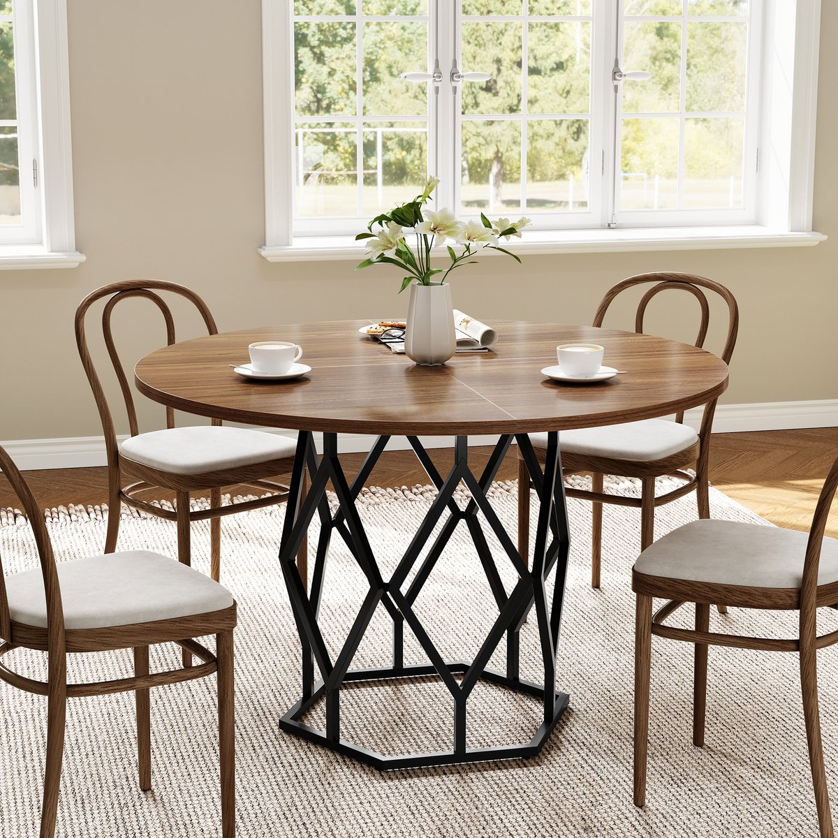 Ronde Eettafel met Ruitvormig Frame - 120x120x76cm - Rustiek Tafelblad - Stevige Metalen Onderstel - Industrieel - Voor 4-6 Personen - Eetkamer en Woonkamer - Zonder Stoelen - Bruin