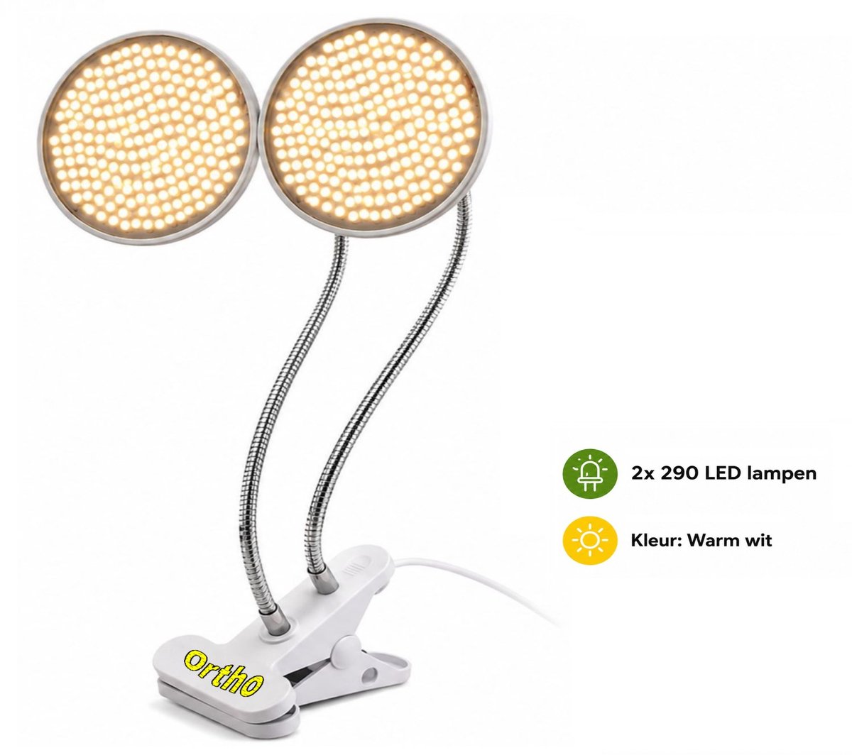 Ortho® - 290 LED Groeilamp Warm Wit - Smart Garden - Bloeilamp - Kweeklamp - Groeilamp E27 - Met 2 Upgraded 290 LED Lampen - 2 Flexibele lamphouders