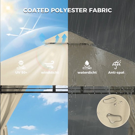 Devoko Tuinpaviljoen 3x3 m - LED-verlichting op zonne-energie - Instelbare helderheid-timerfunctie - waterdicht en UV-bestendig - ademend dubbel dak - met vier zijwanden - Beige