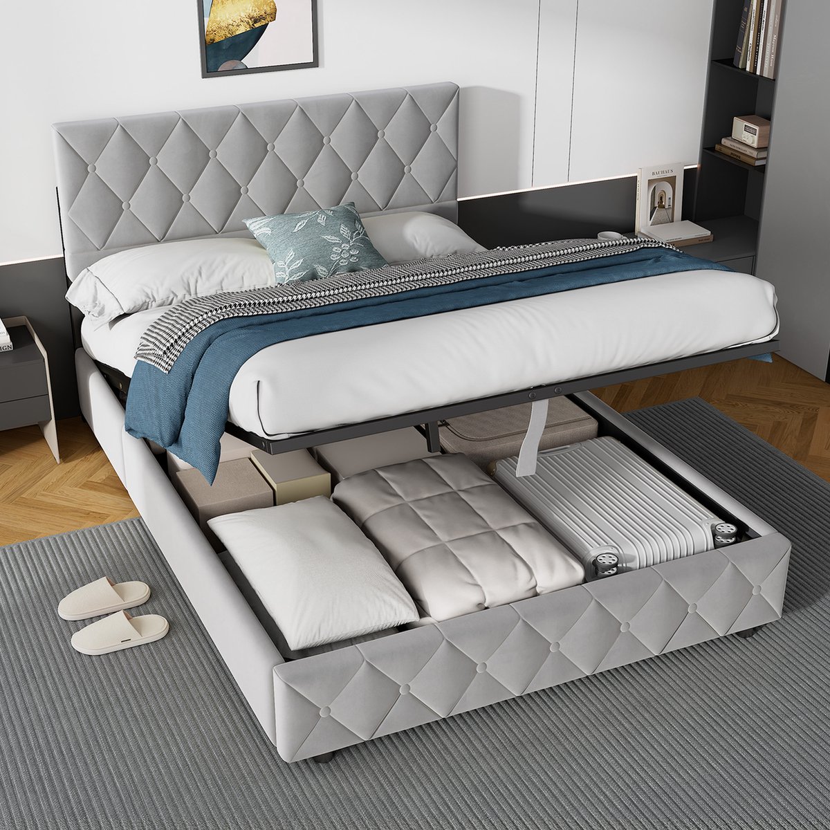 HAUSS SPOLE Gestoffeerd bed 140x200 cm - Tweepersoonsbed - Bed Met Opbergruimte - volwassenen - Opslagbedden - Fluwelen gestoffeerd bed - Lichtgrijs (Zonder matras)