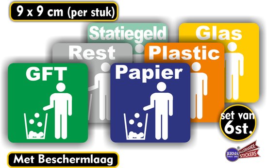 Jerma - Recycling - Afval - Kliko - Sticker - set 6 st - 9 x 9 cm - Weerbestendig - Vinyl - Krasvrij