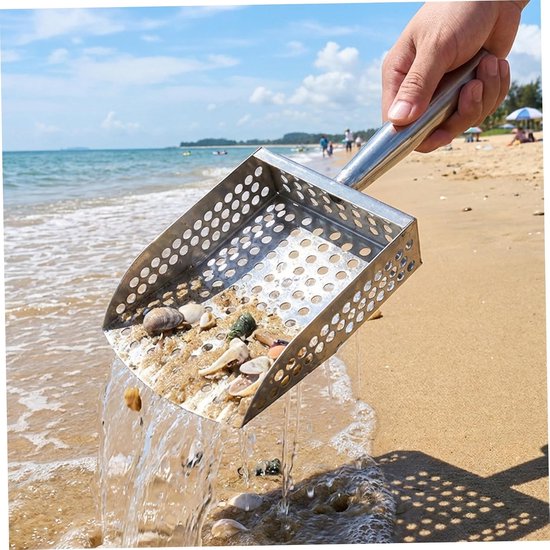 1 stuk - Roestvrijstalen strandhark - met handvat voor het zeven van zand en grind - strandhark - zand- en grindfilter - 15,5*12*13 cm - voor het zoeken naar schatten op het strand en het verzamelen van stenen - zilver — afbeelding 3