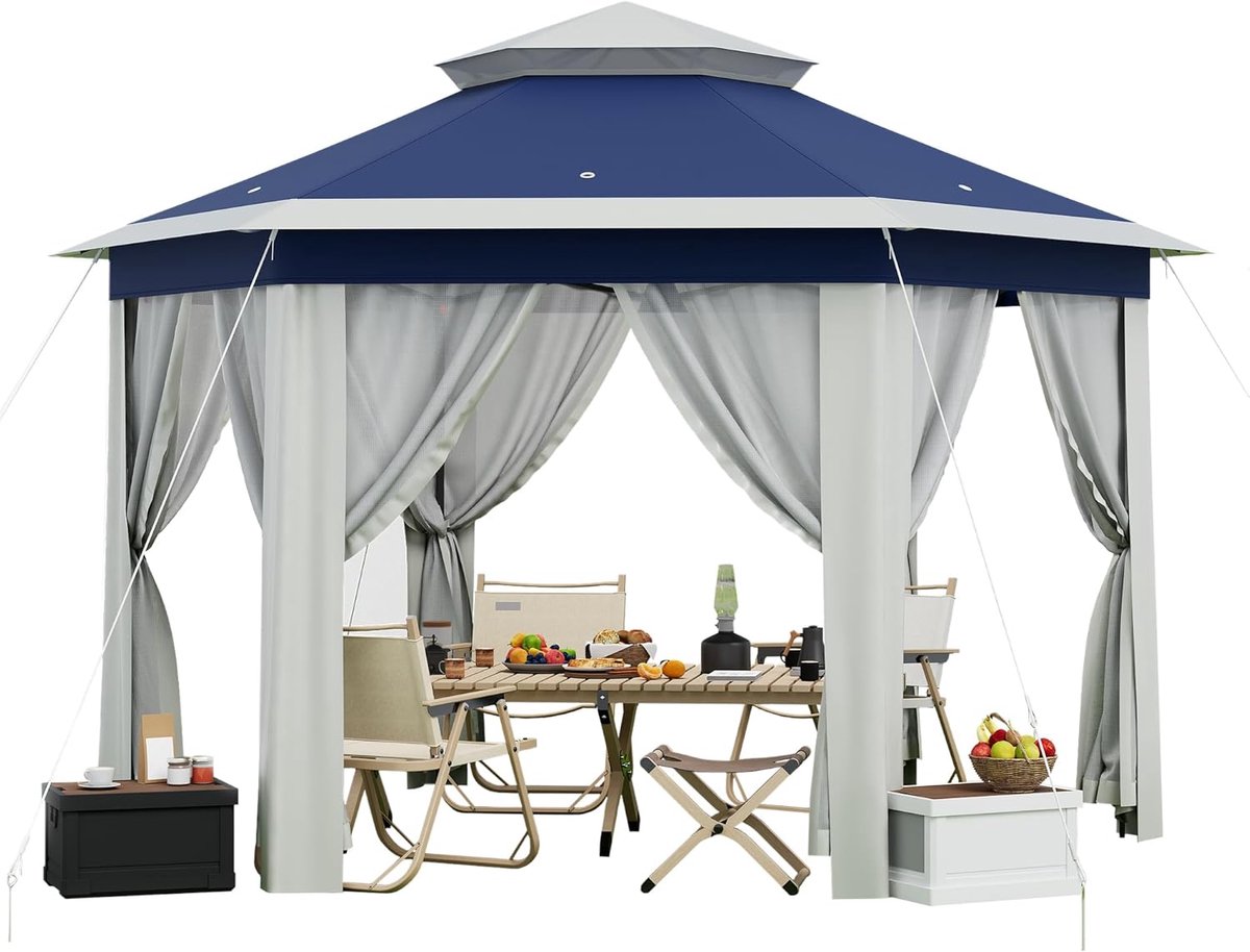Partytent Hexagonale met Muggennet - 400x400x280cm - Pop-up Paviljoen met Zandzakken - Snel Opzetten - Buiten Overkapping voor Tuin Terras - Blauw