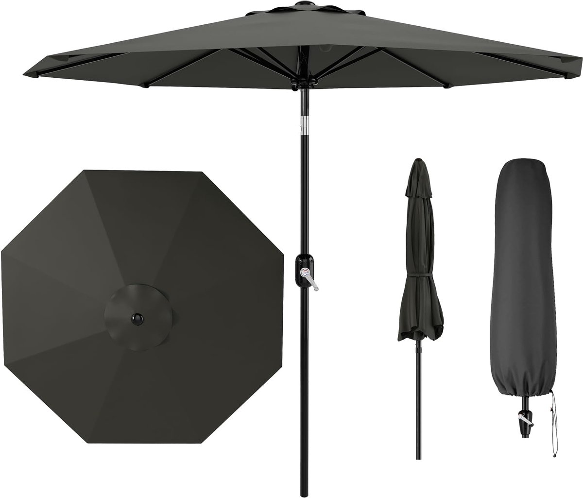 Parasol Rond met Hoes - 270x270x236cm - Zonder Voet - Tuinparasol met 8 Ribben - Crank Tilt - Weerbestendig & Windbestendig - Voor Tuin, Balkon, Terras - Grijs
