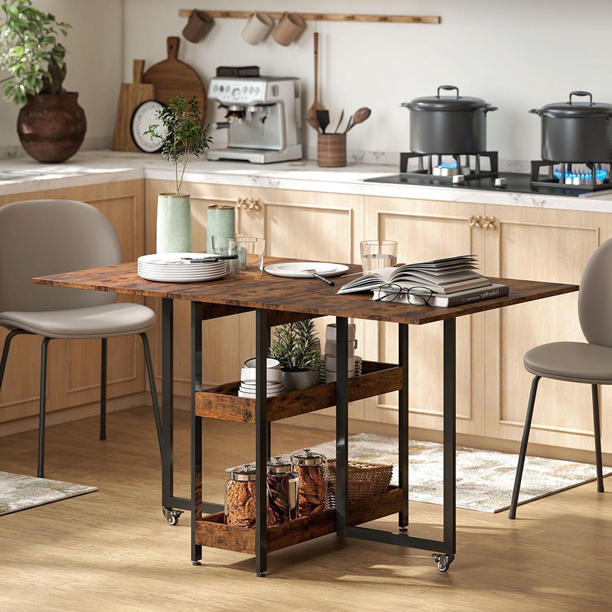 Pugsdrly - Opklapbare eettafel - Industriële stijl - Voor maximaal 4 personen - Open planken - Metaal en spaanplaat - Bruin - Zonder stoelen
