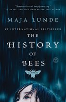 Boekomslag met de titel 'The History of Bees' door Maja Lunde. Een close-up van een kind met blauwe ogen en een silhouet van regen op de achtergrond.